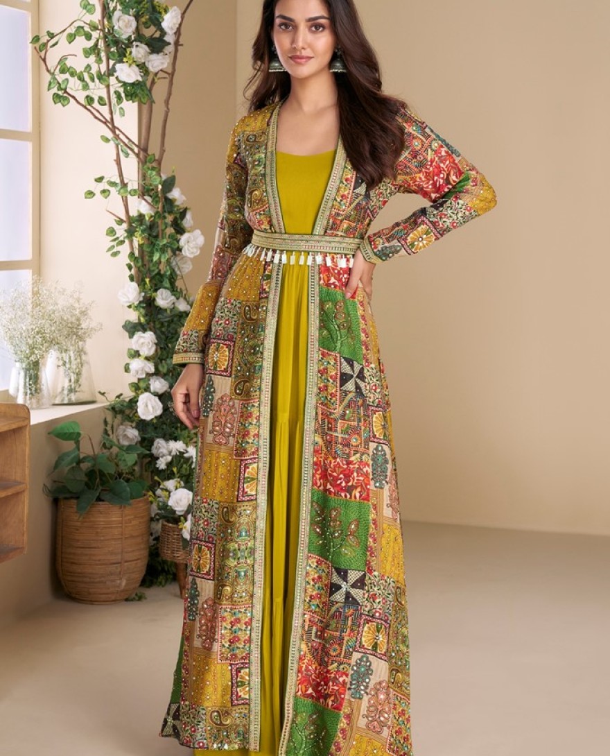 5825 - Designer Yellow Georgette Anarkali Gown with Multicolor Long Shrug